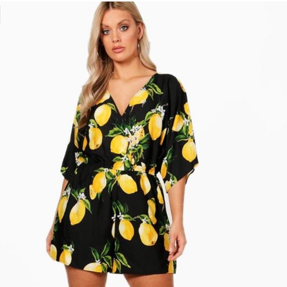 Boohoo Plus Pants - Boohoo Plus Wrap Front Lemon Deep V  Playsuit
